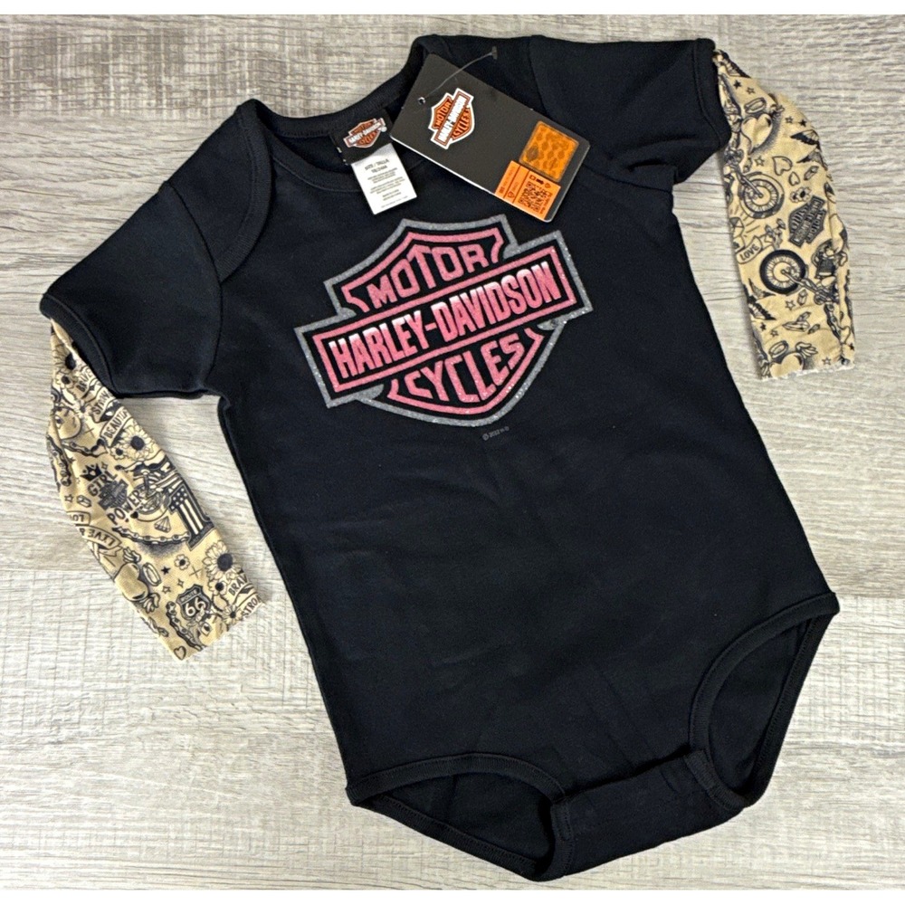 Harley-Davidson Baby Girls 18-24M Mesh Tattoo Sleeve Bodysuit Glitter Biker